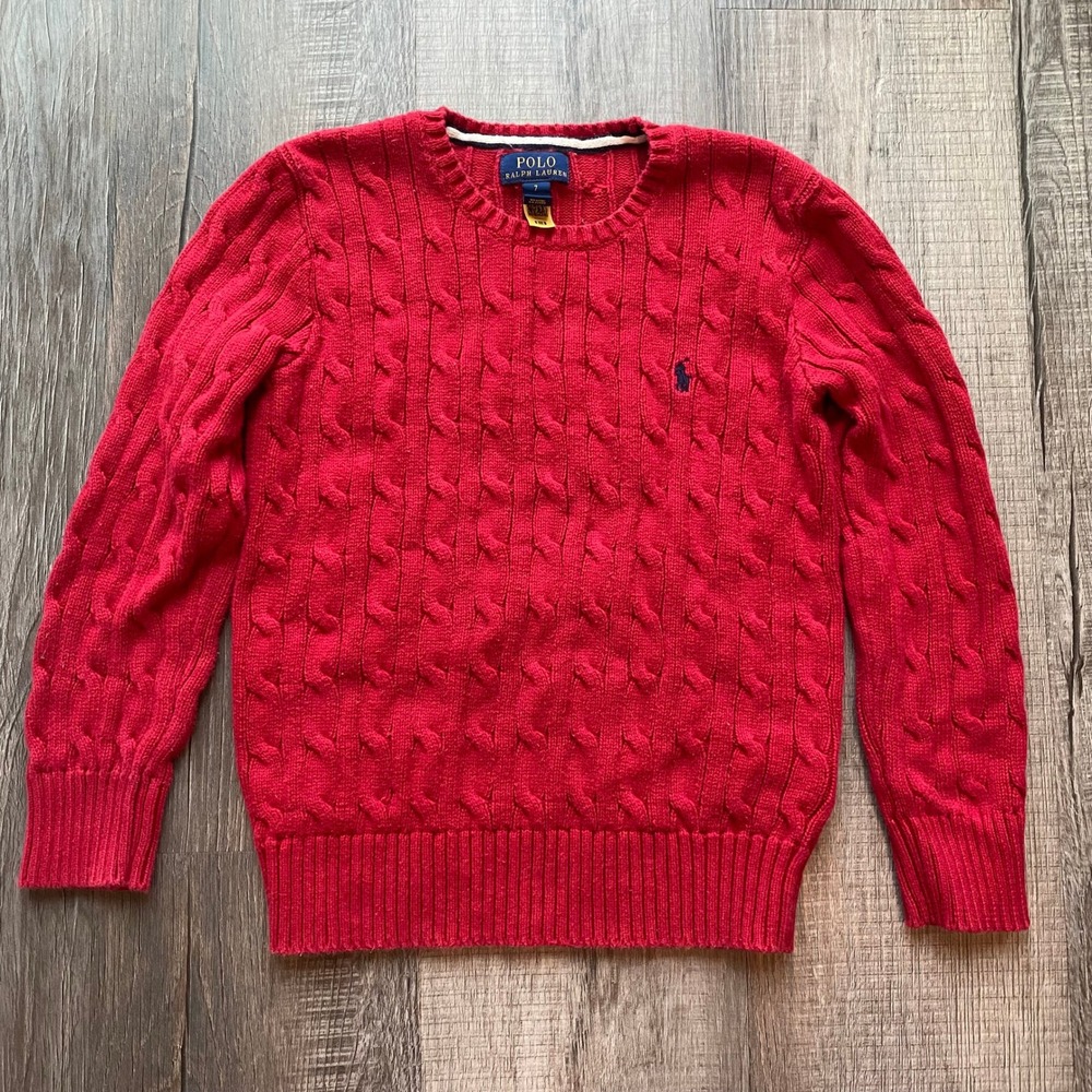 Polo Ralph Lauren Boys Red Cable Knit Christmas Sweater Red